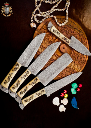  Handmade Damascus Steel Engraved Camel Bone Handel Chef set