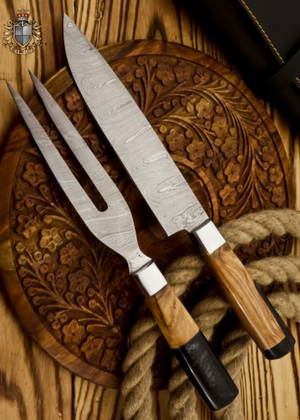 Handmade Damascus Steel Carving Knife Fork Set