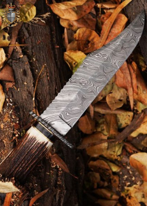 Hand Forged Damascus Steel hunting Knife , Custom Handmade Damascus Steel Hunting Knife With Stag Horn Handle.