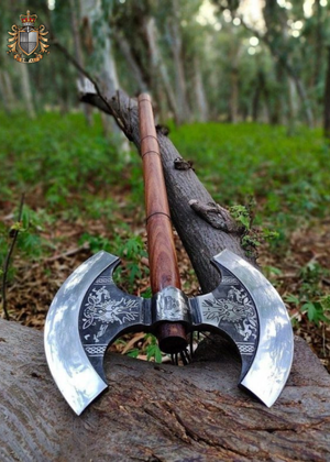 Hand forged Double Head Axe Carbon Steel, with Rosewood Handle