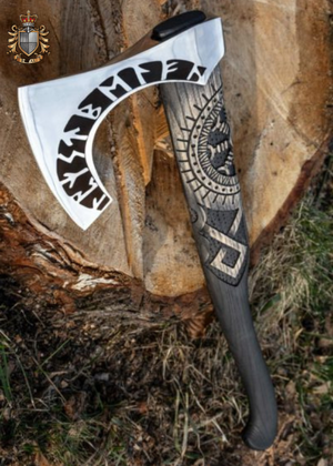 Viking  Hatchet- 27″ Long Helm of Awe Carved  Forged Steel Axe